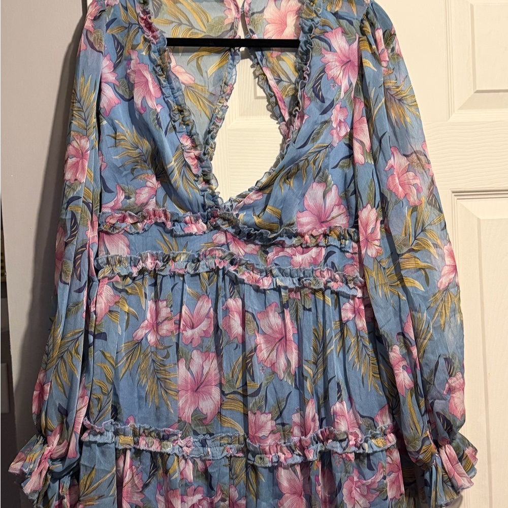 Blue Floral Ruffled V-Neck Dress with Pink Hibiscus Print